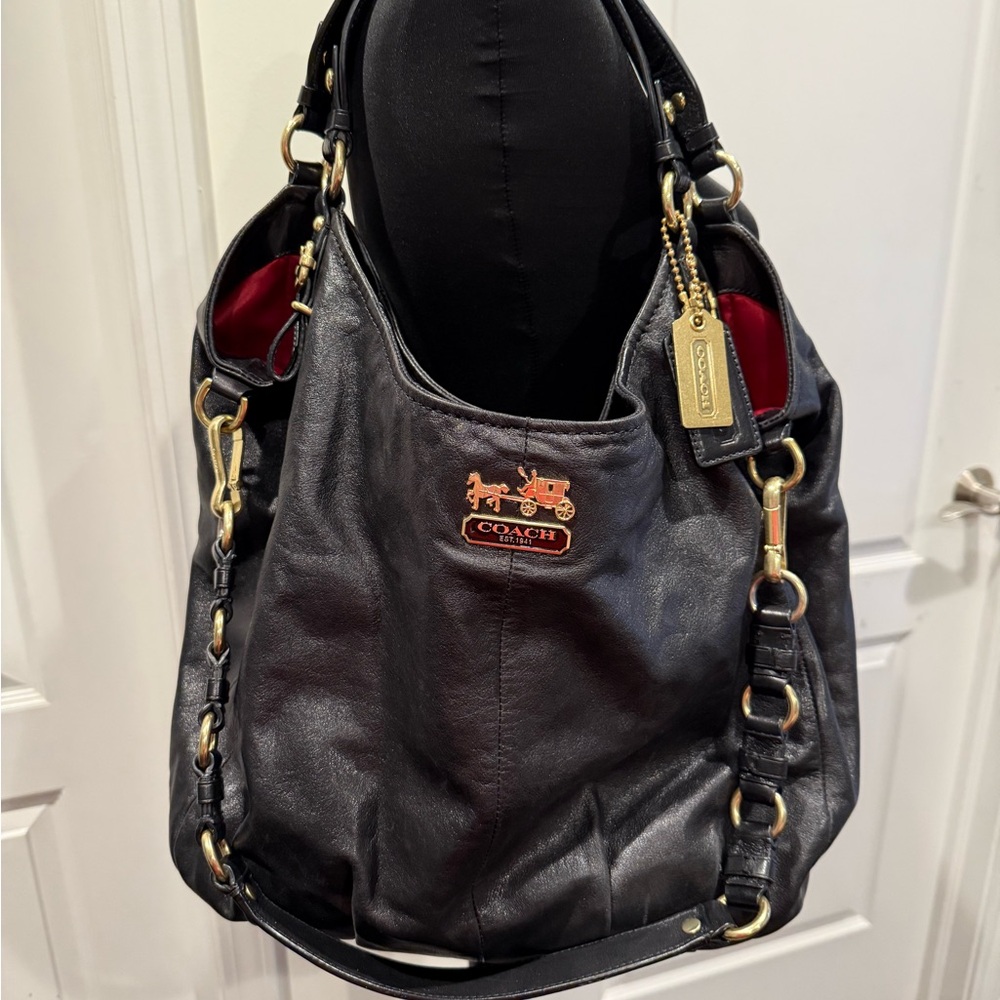 Coach Black Leather Hobo with Red Interior and Gold Hardware